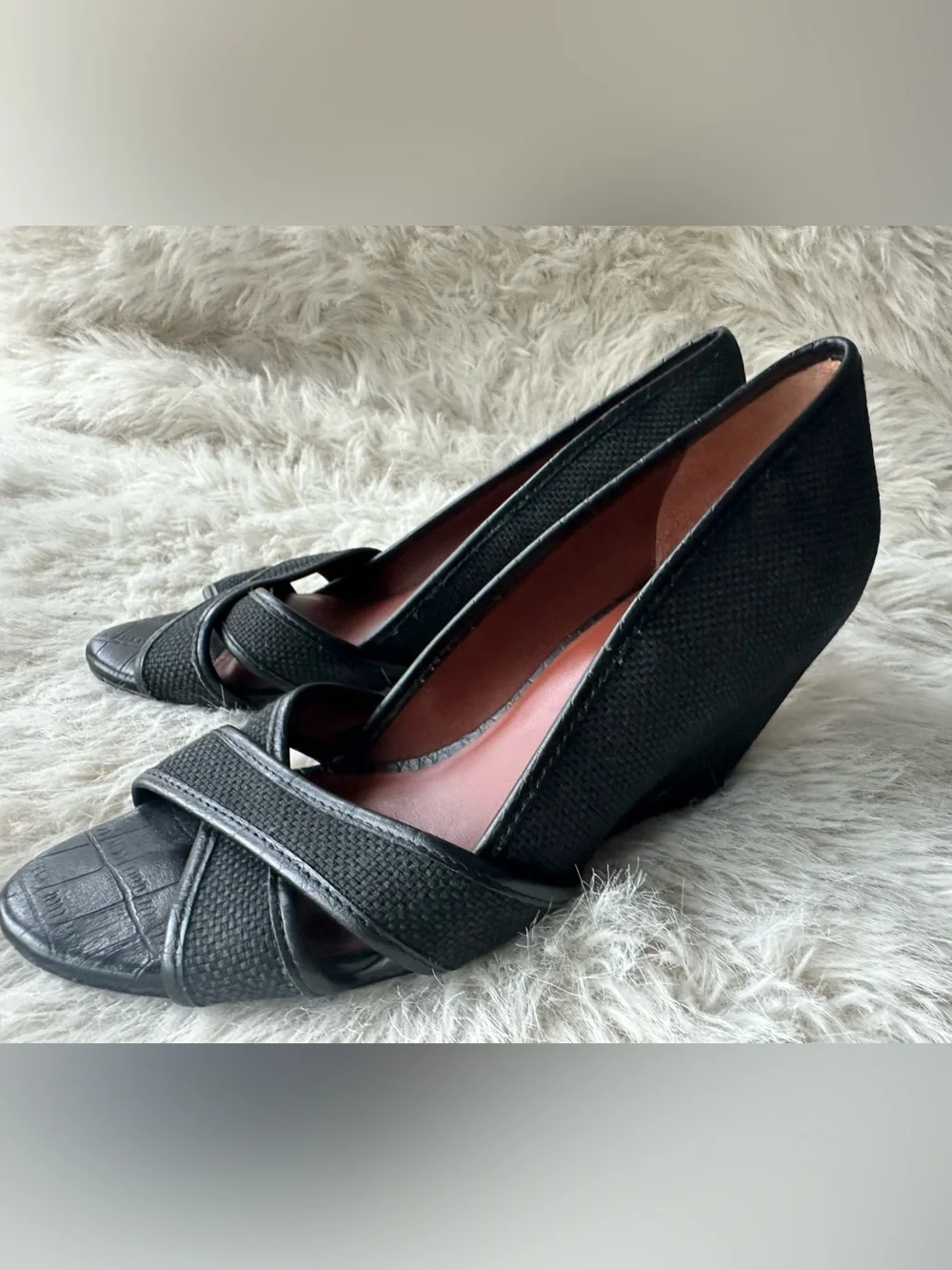 Elizabeth and James Black Textured Wedge Peep-Toe Pumps 6